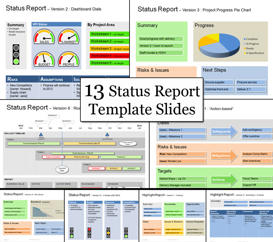 The Powerpoint Project Status Template has 13 Status Templates to help you with all Project Status Update reports