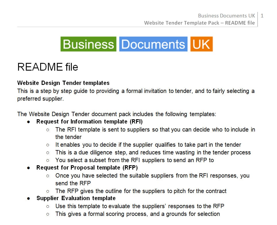 Step-by-step Website Design Tender template: provides a formal invitation to tender & supplier selection approach, covering ITT, RFI, RFP.