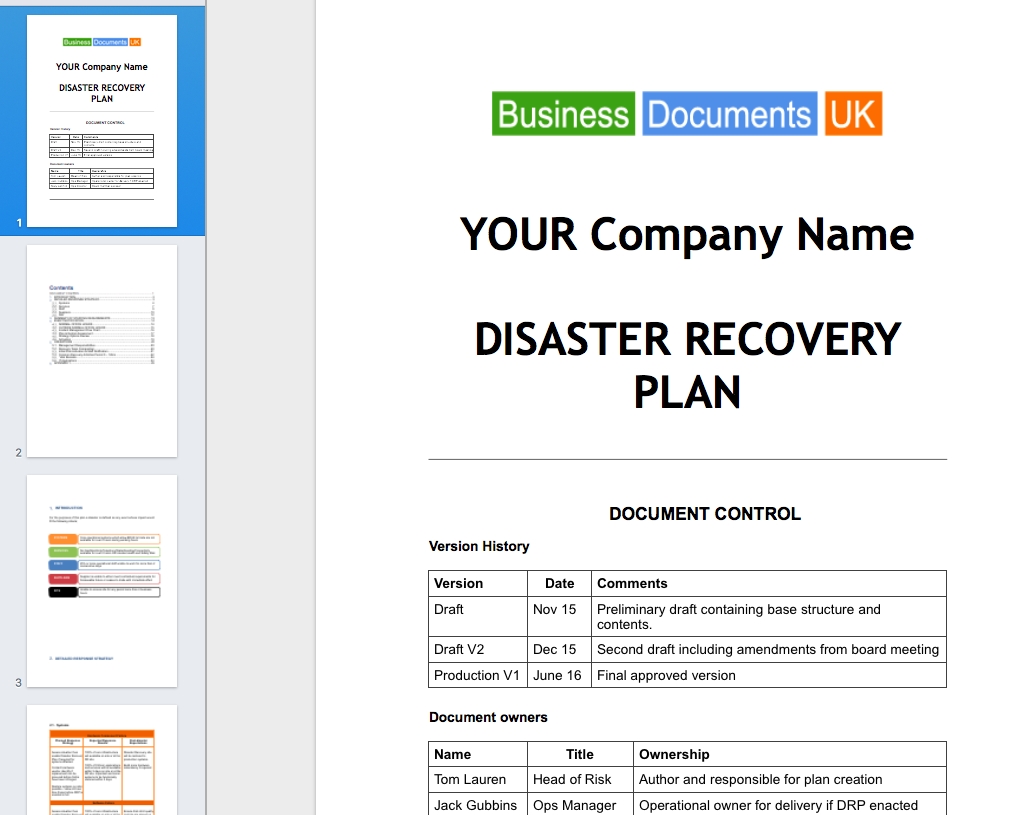 Simple Business Continuity Plan Template